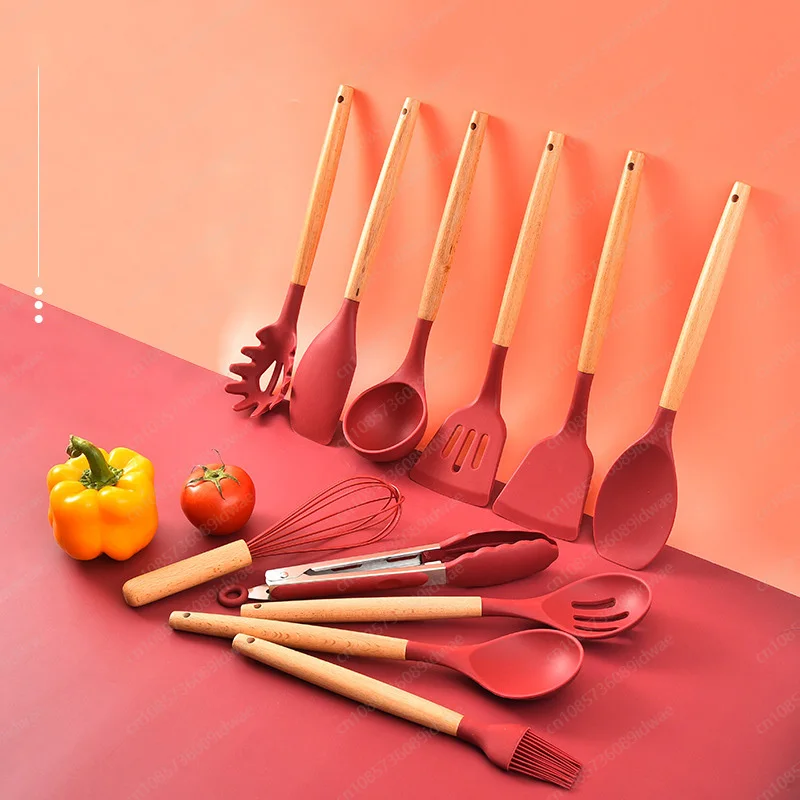 12-Piece silicone cookware set with wooden handle non-stick frying pan scraper baking storage bucket kitchen tools