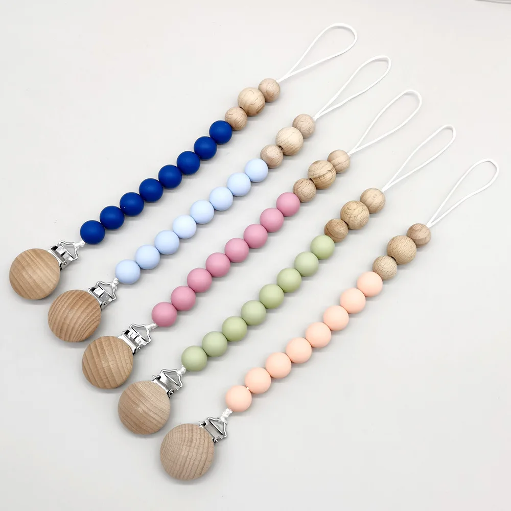 Baby Beech Wood Pacifier Clip Round Silicone Teething Beads Dummy Holder Soothe Anti-drop Nipple Clip Baby Pacifier Chain