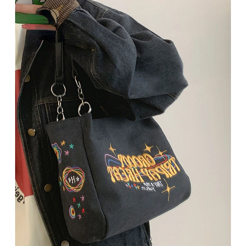 High Capacity Shoulder Underarm Bag Portable Retro Vintage Tote Washed Canvas Embroidered Letters Shopping Bag Woman Bag