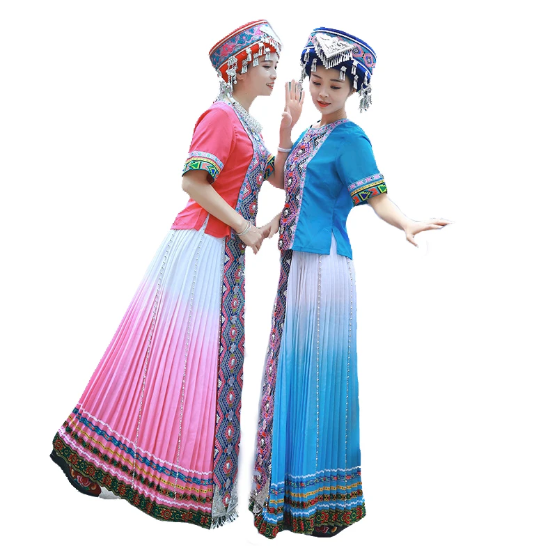 Elegant Women Traditional Ethnic Costume Miao Folk Dance Festival Stage Wear Vintage Hmong Embroidered Gown