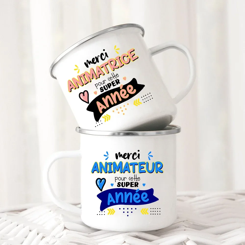 Merci Animatrice & Animateur French Print Mug Coffee Drinks Water Beer Juice Cup Enamel Camping Mugs Handle Drinkware Best Gifts