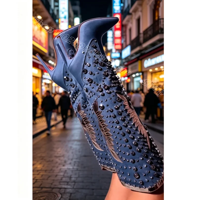 

Blue Crystal Decor Stiletto Boots Pointed Toe Thin High Heels Leather Fashion Party Dress Women Sexy Shoes Zapatos Para Mujere