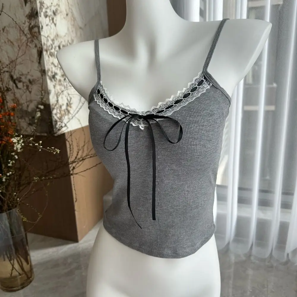 Bottoming Shirt Solid Color Lace Crop Top Waist-cinching Lace Strap Y2k Vest Top Sexy Lace Padded Camisole with Pads Girl's Wear