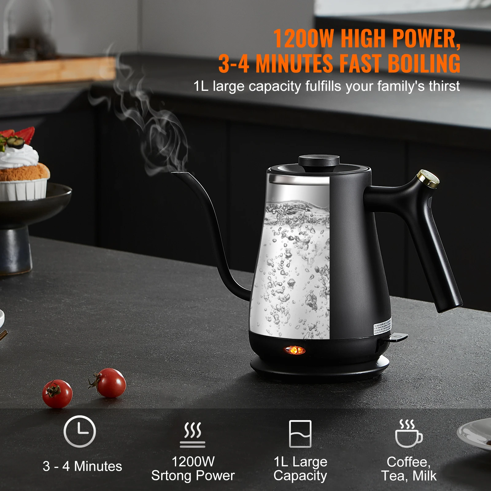 غلاية SucceBuy الكهربائية معقوفة 1 لتر 1200 وات تسخين سريع معقوفة صب فوق غلاية شاي القهوة 304 درجة الغذاء