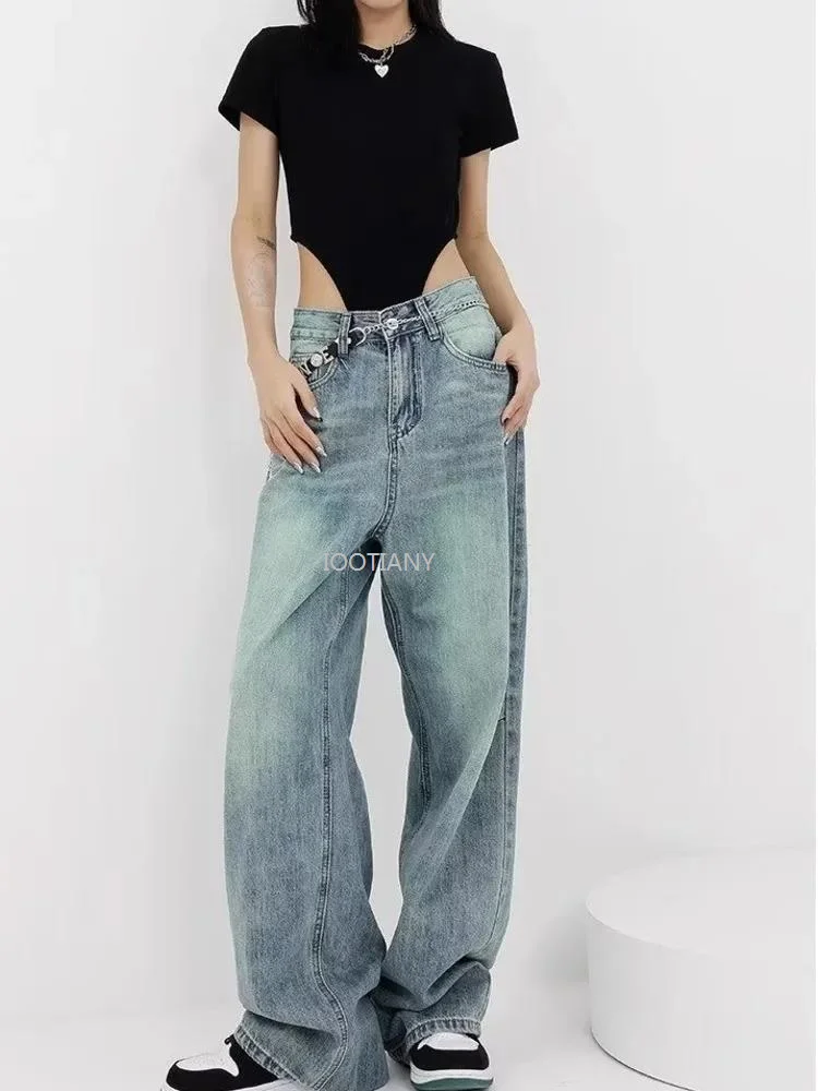 ฤดูร้อนใหม่สูงเอวสเปรย์ย้อม Graffiti ตรงขากว้างกางเกงผู้หญิง High Street Vintage กางเกงยีนส์ Casual Contrast กางเกง