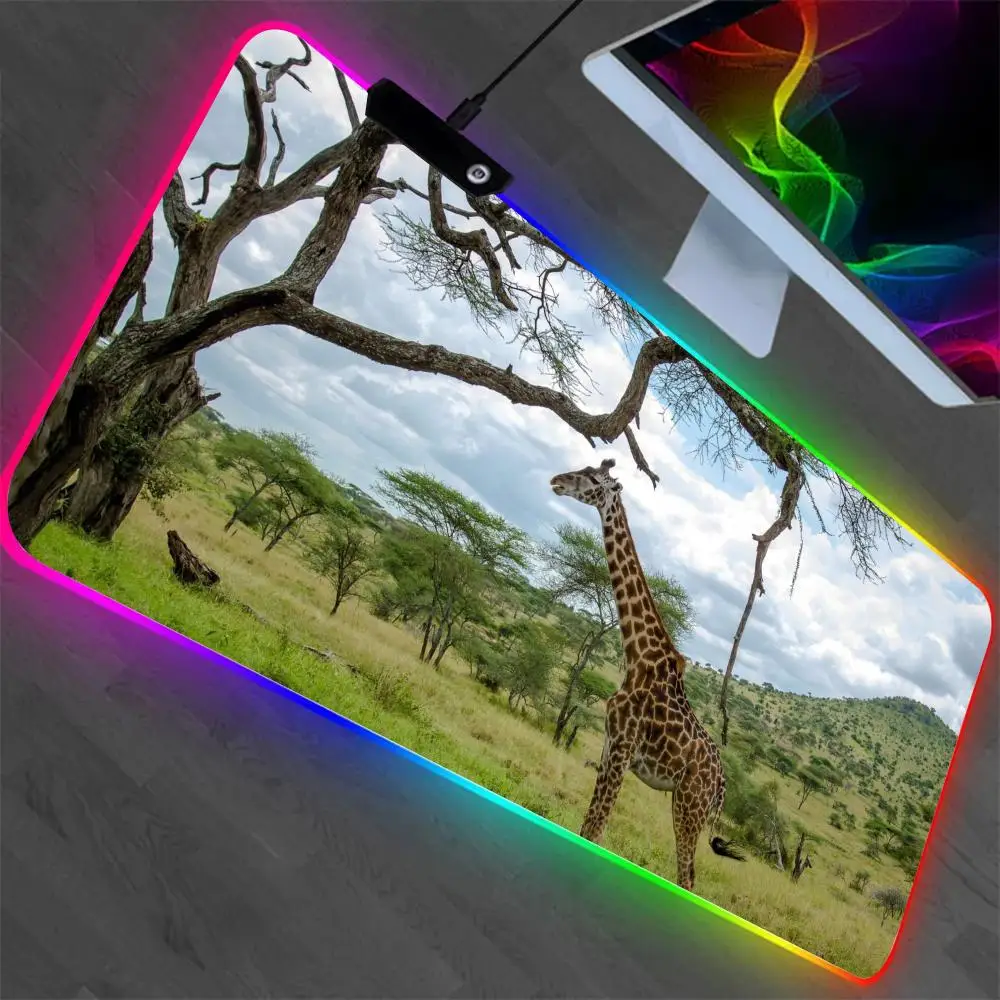 

Giraffe African grassland Mouse Pad XXL RGB Gaming Mouse Pad Gamer Accessories Large LED Light MousePads PC