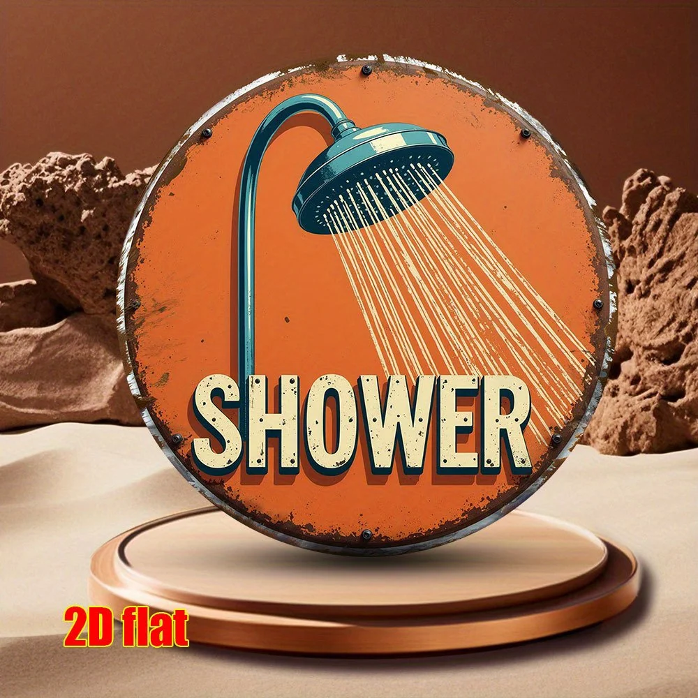 2D-flaches, kreisförmiges Wandkunstschild aus Holz für eine Person im Retro-Stil „Hot Shower“ – geeignet für Zuhause, Garage, Café, Restaurant