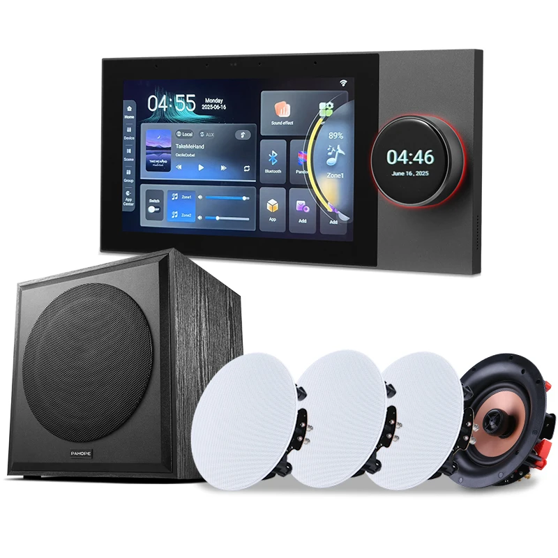 Smart Home 7-inch Background Music Console System Home Theater Audio Controller With 4* 5-inch Ceiling Speakers