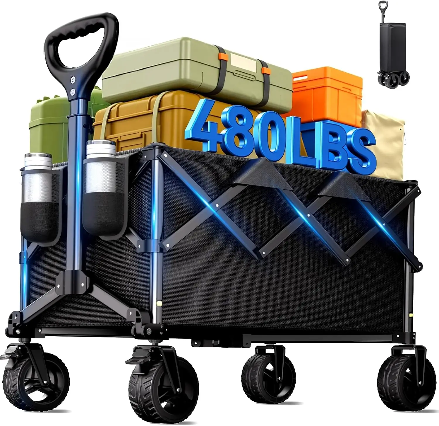 Collapsible Wagon Cart, 480lbs Heavy Duty Wagon with All-Terrain Wheels | Portable Utility Wagons Cart with Adjustable Handle for Beach, Camping, Garden, Grocery, Fishing, Sports & Outdoor