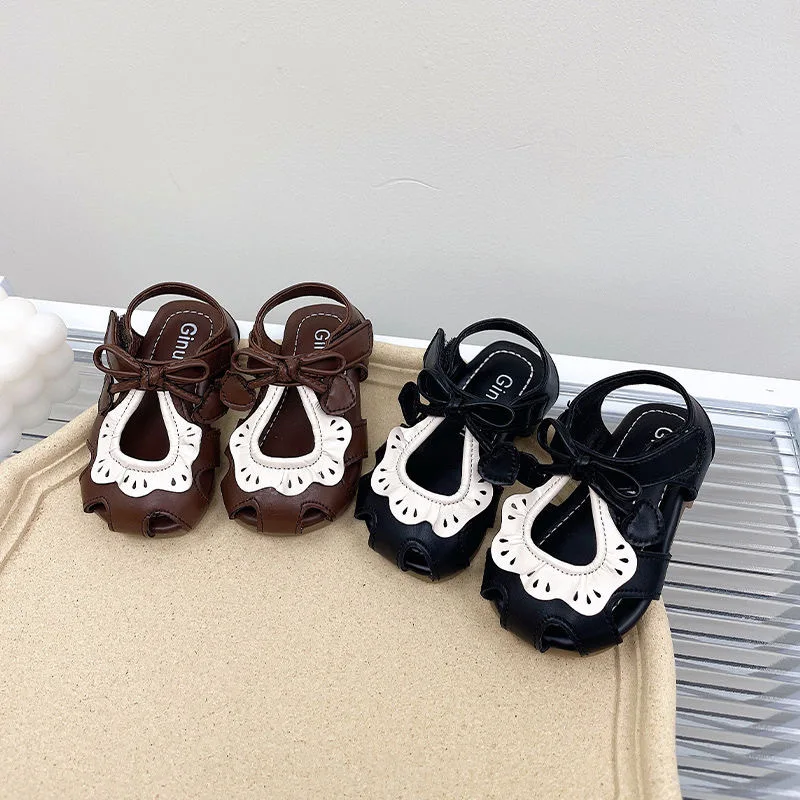 

Baby Children's Baotou Sandals Leather Hollow Out Cute Middle Child Toddler Little Girl Princess Shoes Black Kids Baby Sandals