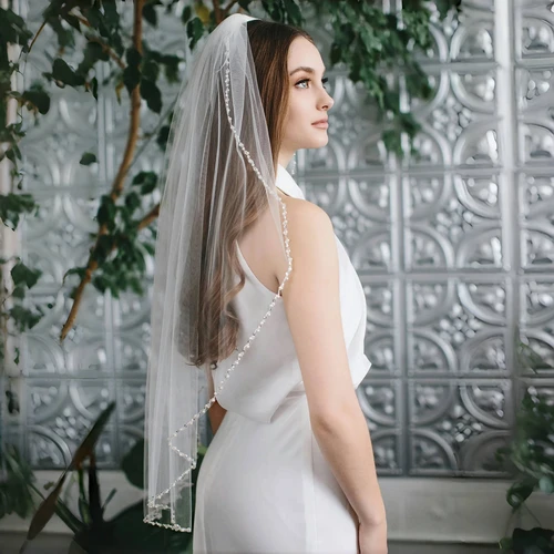 Imagen 2 del producto Velo de novia G136 con pedrería, velo de boda tipo catedral con cristales en el borde, 1 nivel, accesorios para novias.