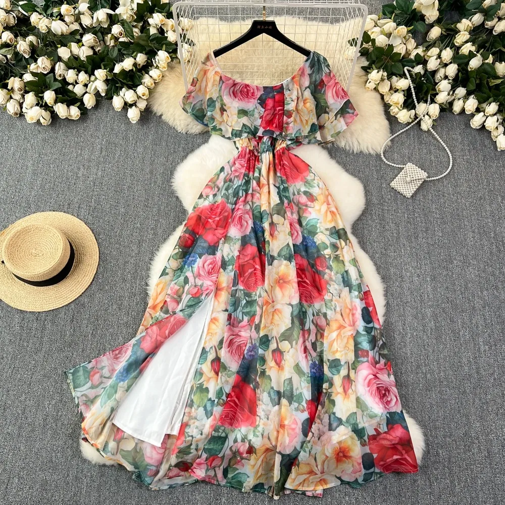 Retro Elegant  off shoulder Ruffle Print chiffon Dress korean fashion A-line Casual High Waist Women summer Beach dresses