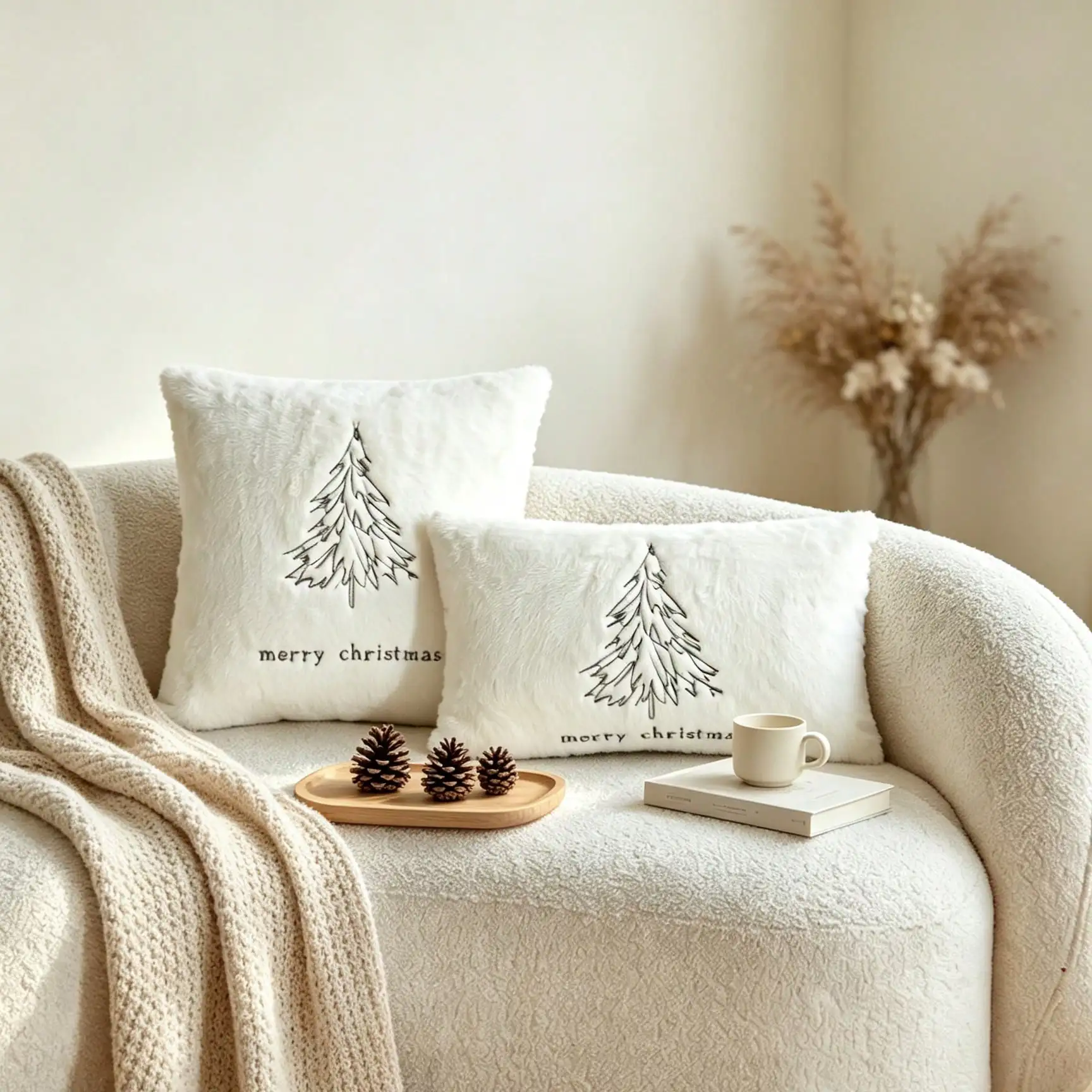 1pc Minimalist Line Embroidery Christmas Tree Merry Christmas 3D Textured Embroidery Pillowcase, Home Decor For Living Room, Bedroom, Party, Sofa And More SF260815192624147557548