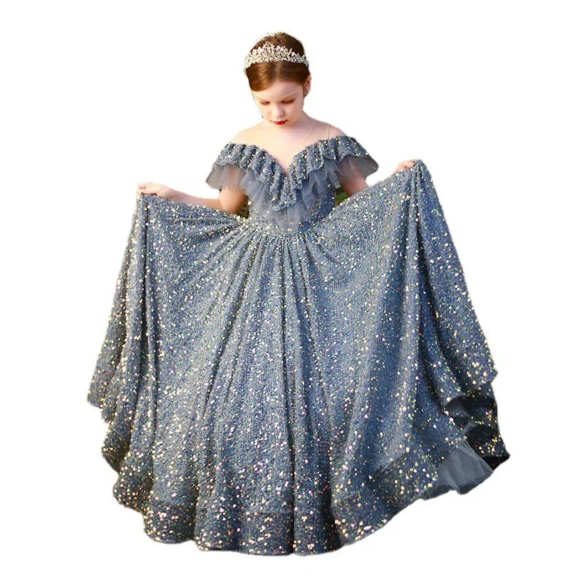 Girls First Communion Dress Girl Wedding Sequins Dresses for Kids Piano Performance Vestidos Children Pageant Princess Ball Gown