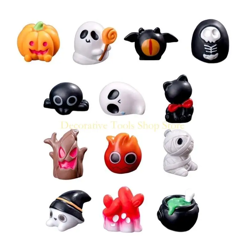 QX2E Cartoon Halloween Miniature Pumpkin Ghostly Bat Elf Figurines Ornament Resins Statues for Desk and Shelf Display Decors