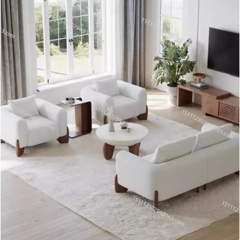 For Round Concrete Coffee Table with Premium Walnut Ash Wood Legs, Modern Minimalist Cement Finish Center Table for Living Room