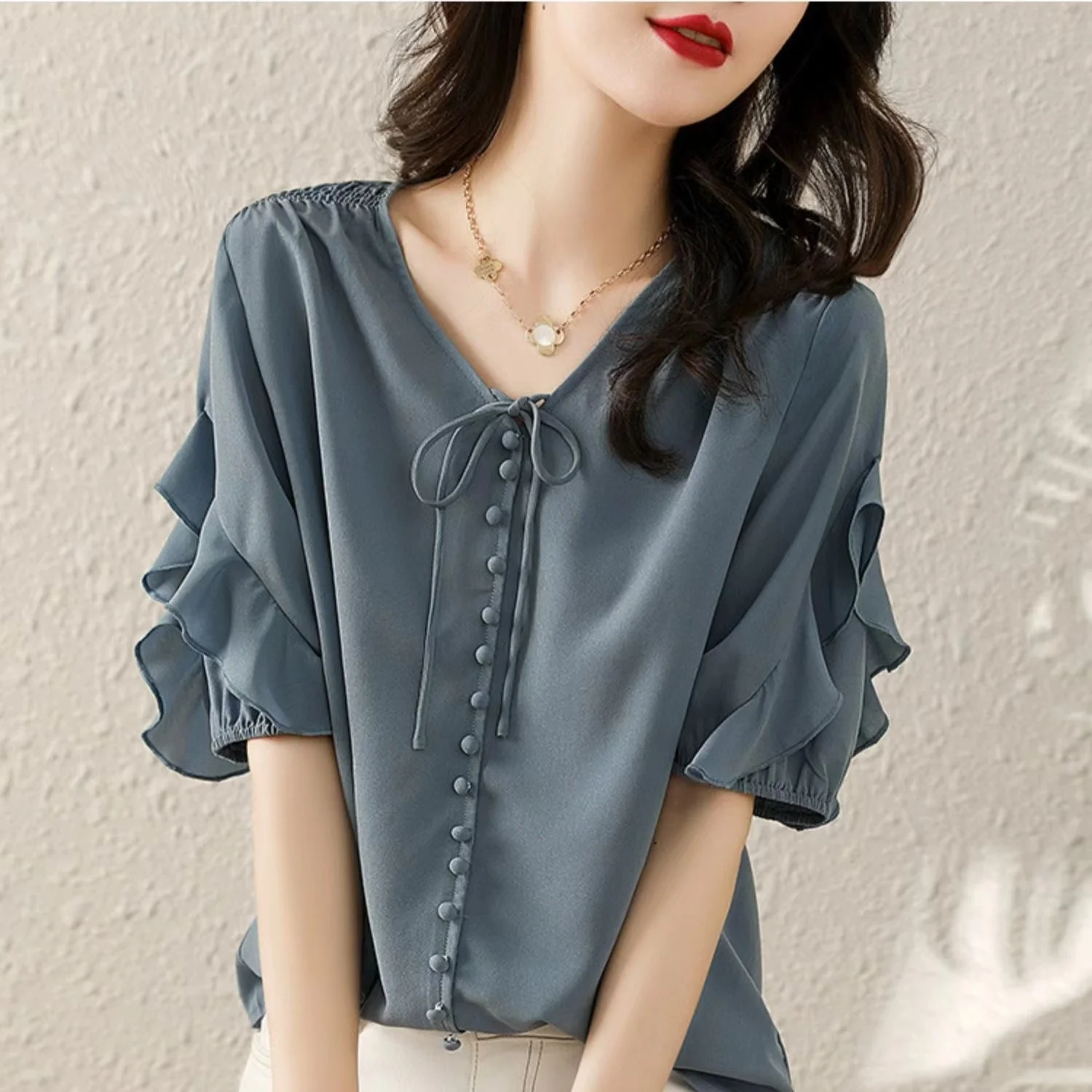 2024 summer New Short sleeved Chiffon Shirt for women\'s Beautiful Fashion Lace up Loose Slimming Ruffle Edge Versatile Top