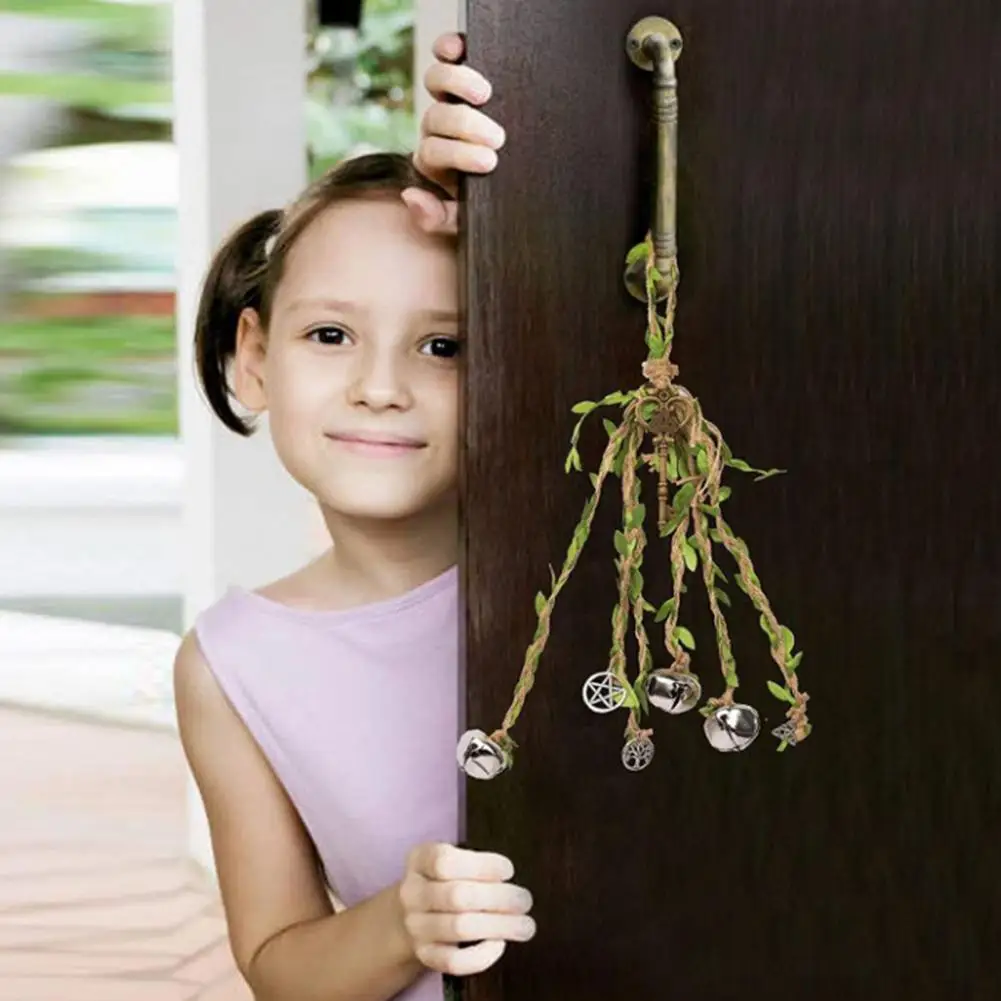 Door Knob Witch Bell Handmade Brass Bell Witchcraft Door Hanger with Rattan Wreath Wind Chime Decoration for Home Protection