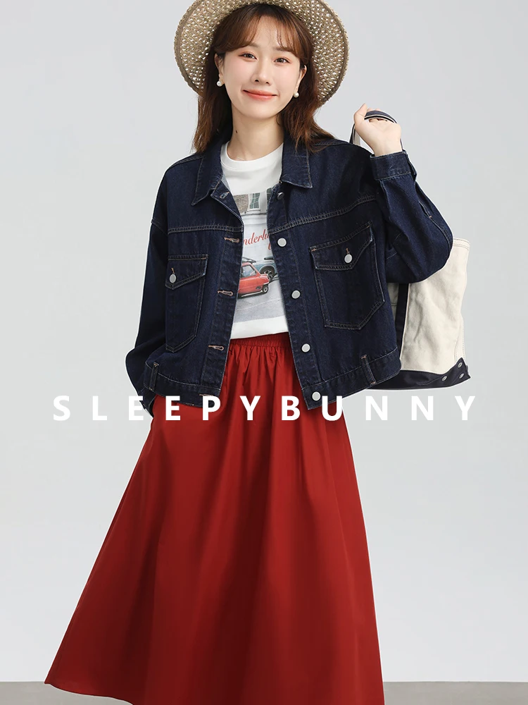 

Contrast Stitching Denim Jacket Women Vintage Drop Shoulder Short Coat Loose Fit Casual Outerwear with Flap Pockets for Fall