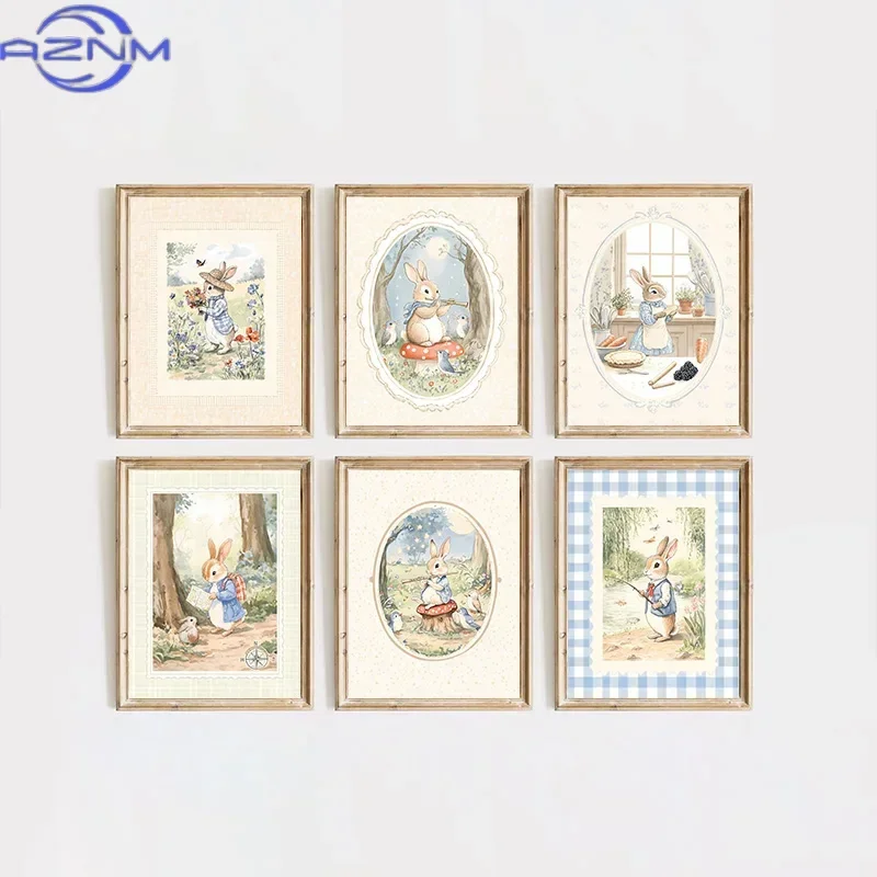 AZNM Vintage Boho Blue Plaid Rabbit Inspired Art Poster Baby Room Bedroom Nursery Field Animal Decorative Canvas Painting Wall A
