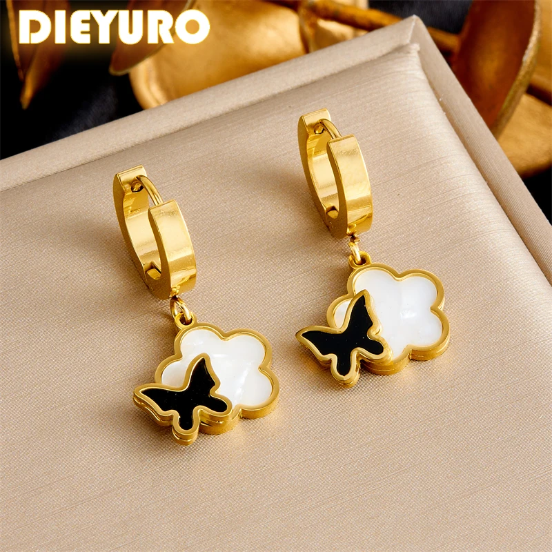 DIEYURO 316L Stainless Steel White Beihua Black Butterfly Earrings For Womens Fashion New Current Ear Jewelry Lady Gift Party