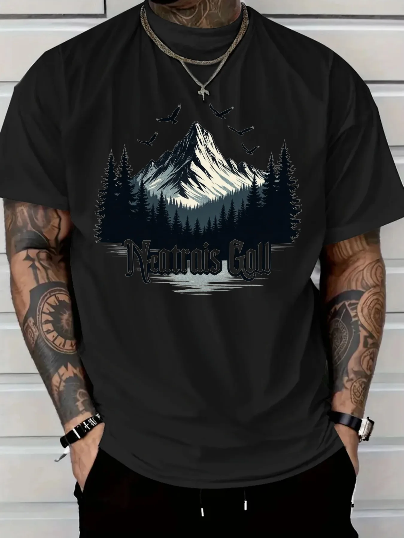 

Мужская футболка из чистого хлопка с горным пейзажем, сосновыми и птицами, дизайн, повседневная одежда, повседневная рубашка с принтом природы