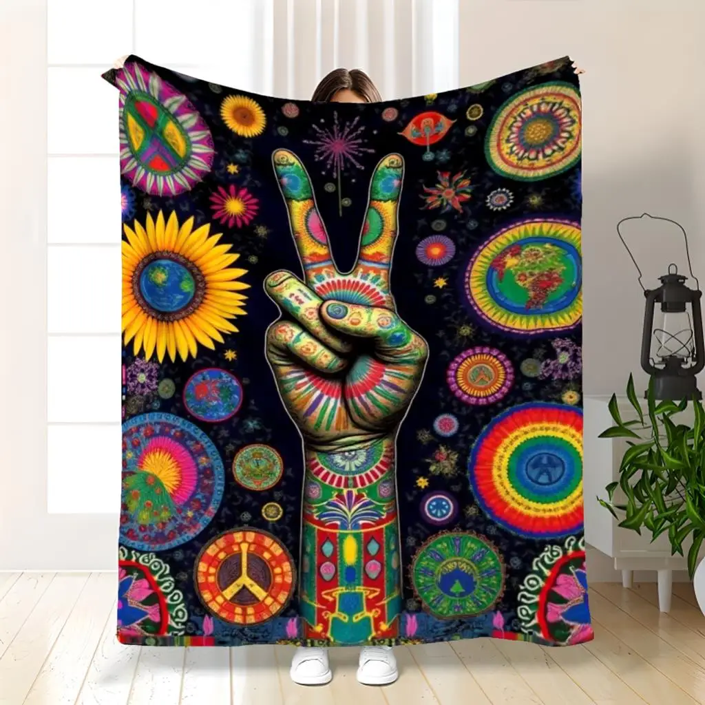 Hippie Peace Sign Retro Psychedelic Print Throw Blanket, Soft Lightweight Blanket for Sofa Bed, Versatile Boho Home Decor Gift