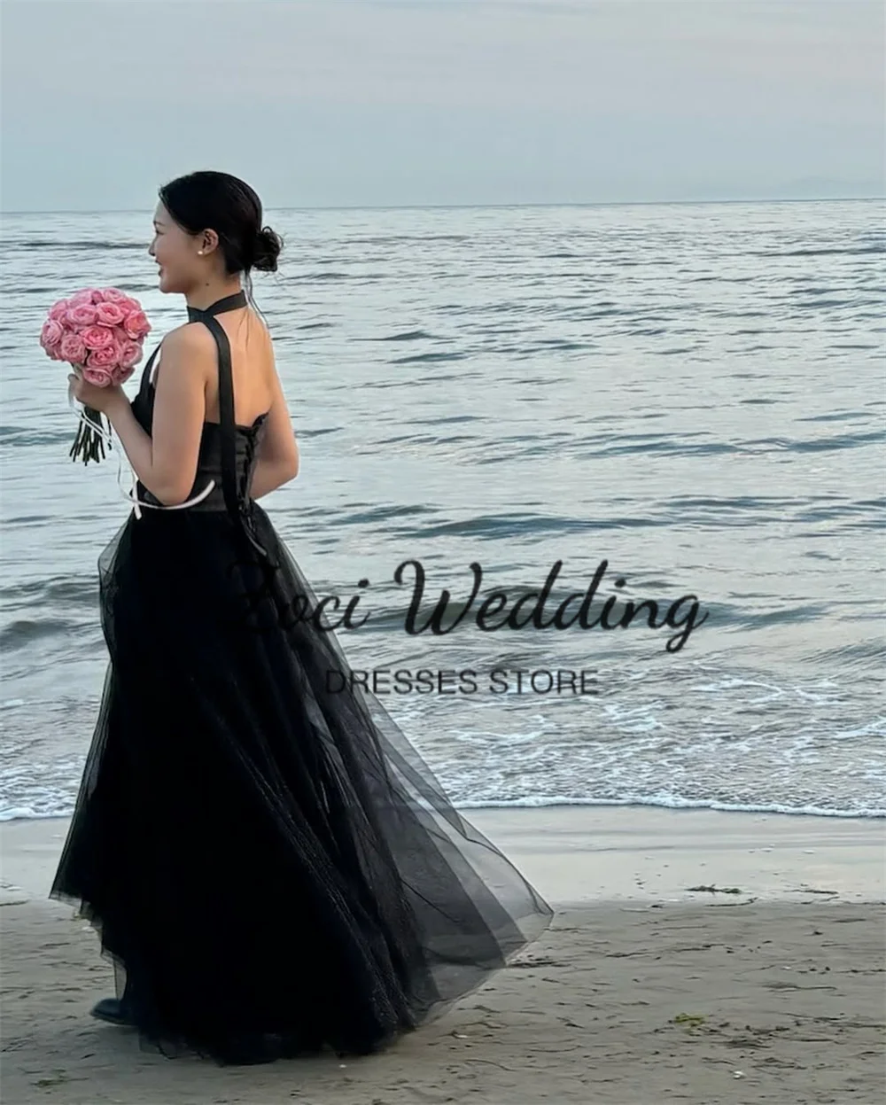 Zoci-女性のためのエレガントな黒のビーチドレス,ストラップレス,ノースリーブ,チュール,コルセット,イブニングドレス,韓国の写真撮影,カスタマイズ