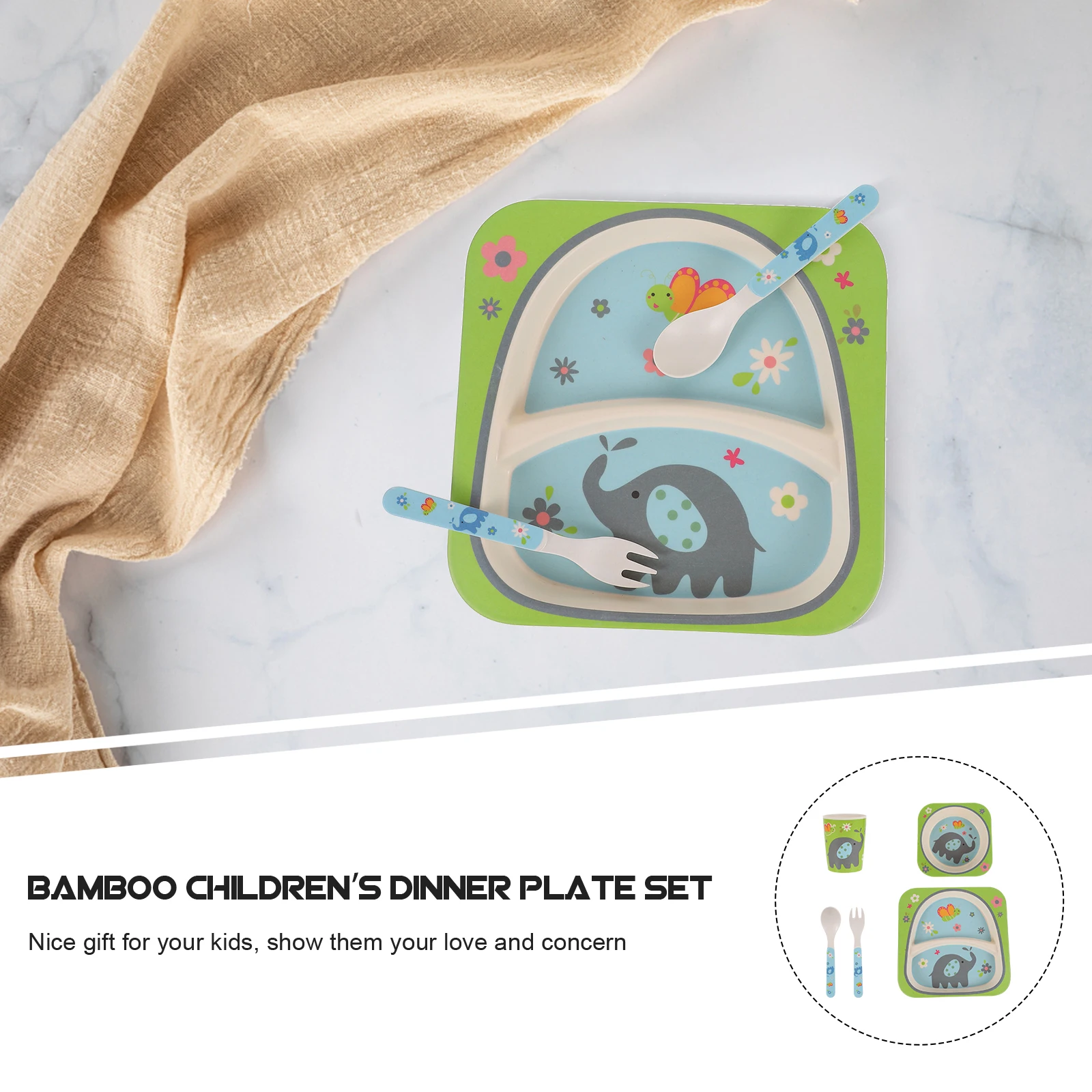 

5pcs Kids Bamboo Dining Set Toddler Tableware Kit Children Cartoon Plates Bowls Utensils Lightweight Eco-Friendly