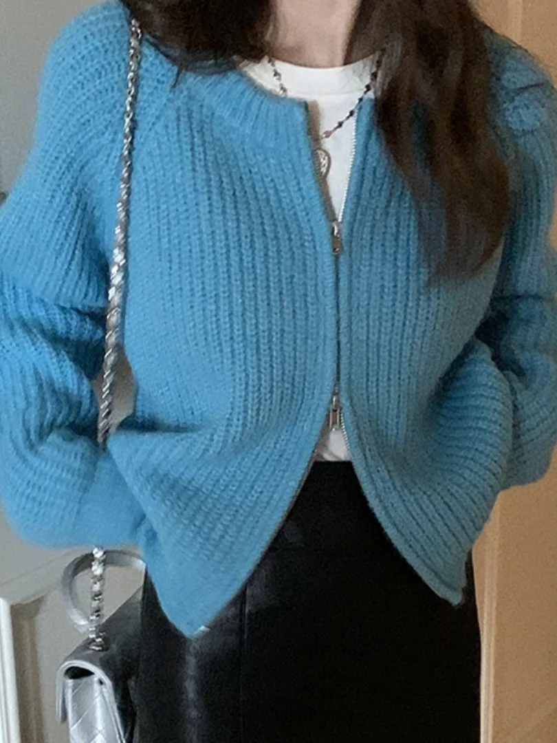 

Отно-синий круглый вязаный открытый кардиган Ne, женский модный весенне-осенний дизайн с двойной молнией, удобный мягкий полиэстер...