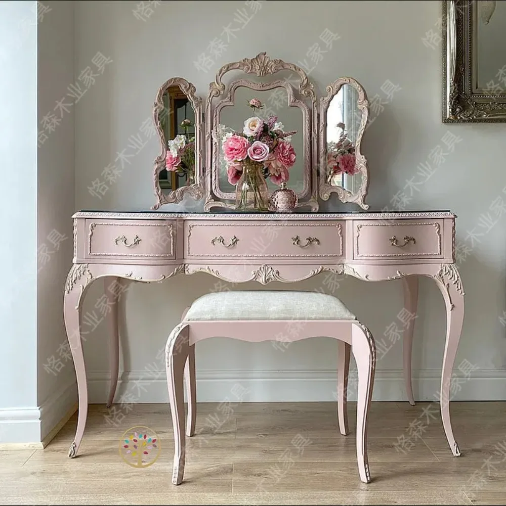 American French Style Pink Solid Wood Princess Vanity Table with Mirror & Stool, Light Luxury Simple Bedroom Makeup Desk Set