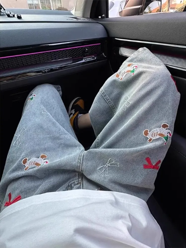 

Retro Blue Seven-Five Denim Shorts Women's Summer American Trendy Brand Dog Embroidery Loose Straight Wide Leg Pants