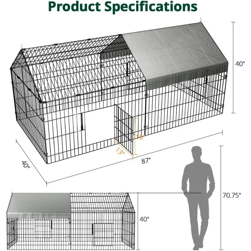 قلم تشغيل الدجاج على شكل حظيرة الدجاج للفناء مع غطاء 130 بوصة × 40 بوصة × 40 بوصة خارجي معدني محمول على شكل قفص جرار دجاج Cra
