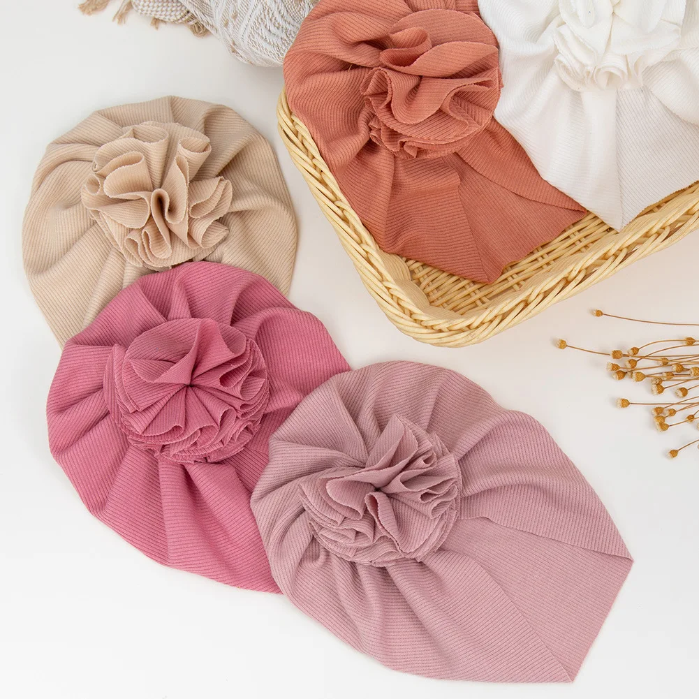 12pc/lot Solid Seersucker Sunflower Baby Turban Hat Infant Toddler Newborn Baby Bonnet Ribbed Bow Head wraps Kids Beanie Caps