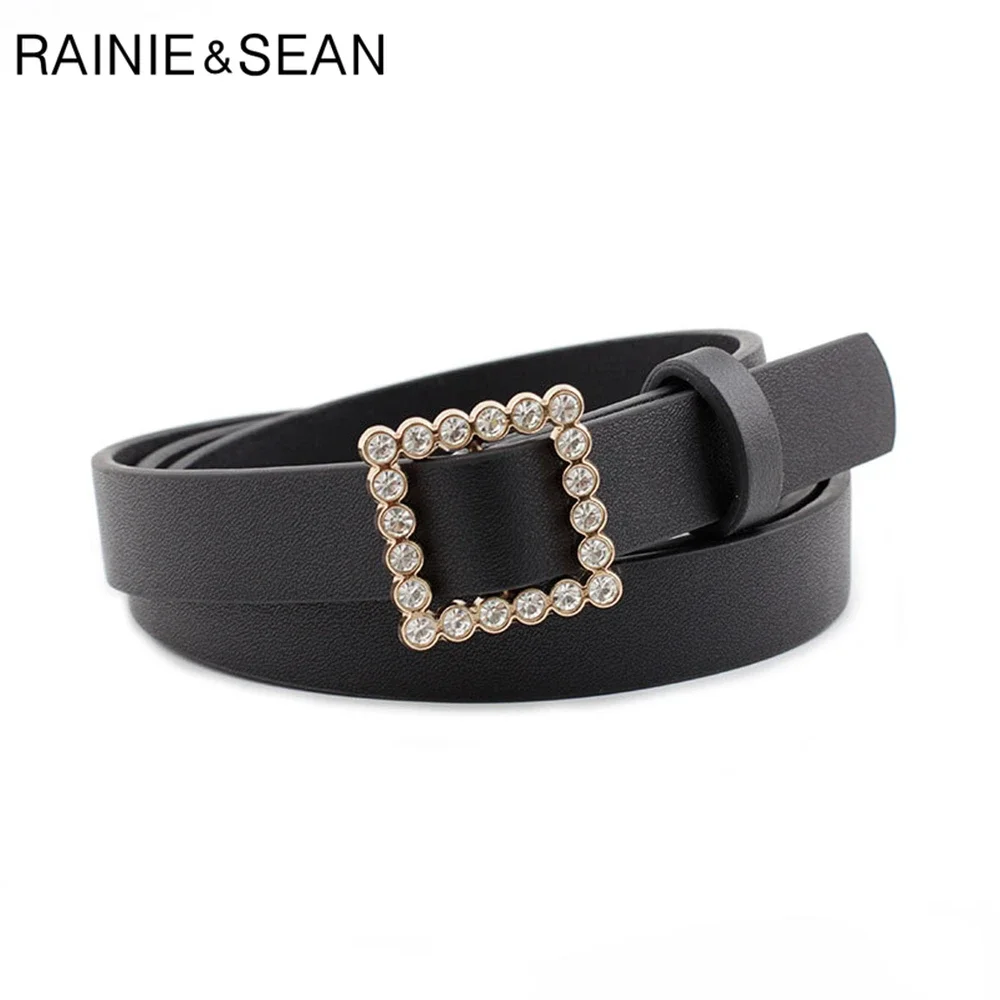 RAINIE SEAN Women Belt Rhinestone Buckle No Holes Waist Belt Fashion Solid White Ladies Thin Trousers Belt Rhinestone 107cm