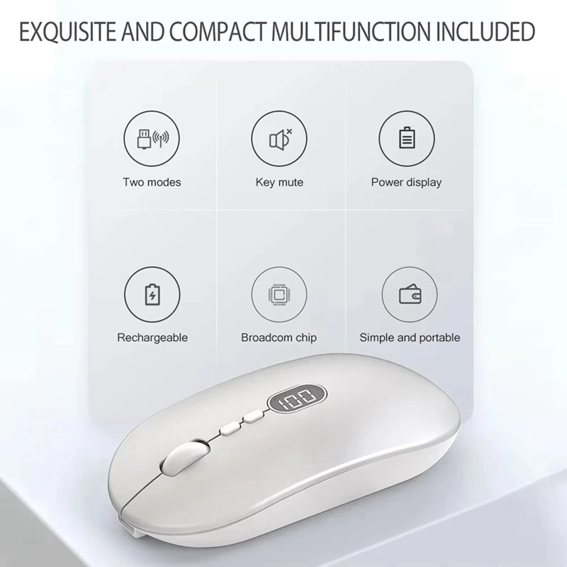Wireless Computer Mouse With Battery Level Visible Rechargeable 2.4G Portable USB Mouse Silent Click For PC Laptop