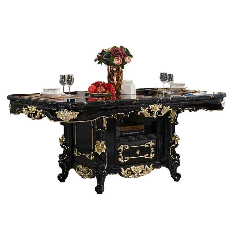 European dining table and chair combination, marble surface classical rectangular large apartment solid wood dining table
