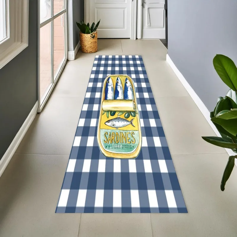 Vintage Blue Striped Sardine Graphic Long Hallway Runner Mat Rug Retro Fish Can Print For Coastal Style Kitchen Corridor Decor