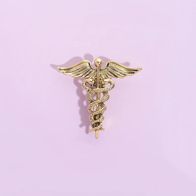 Vintage Gold Caduceus Medical Brooch Doctor Nurse Symbol Badge Medicine Staff Jewelry Gift