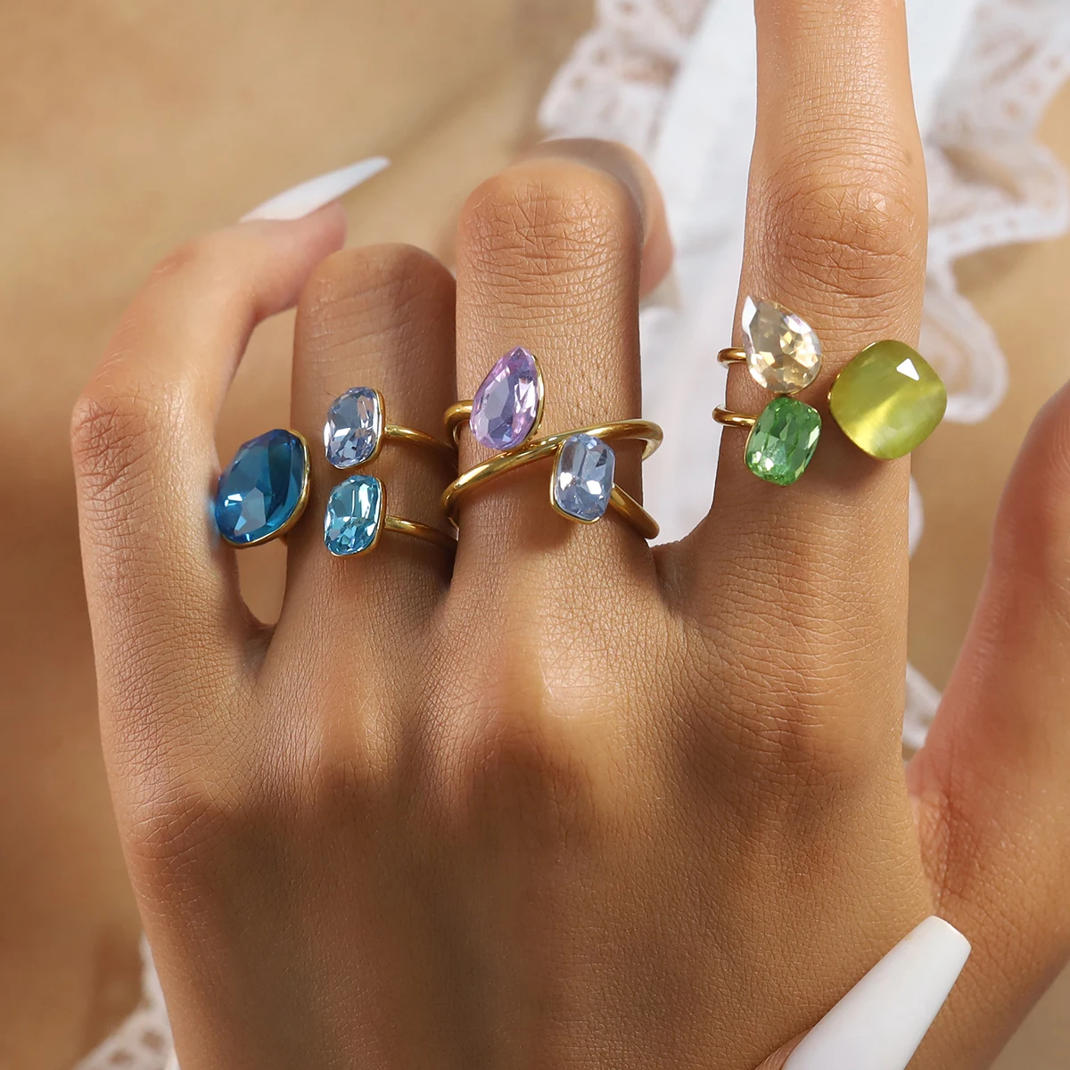 WILD & FREE Винтажные роскошные кольца с кристаллами циркония для женщин, разноцветный шарм, стильные, позолоченные 18K нержавеющей сталью, модные украшения