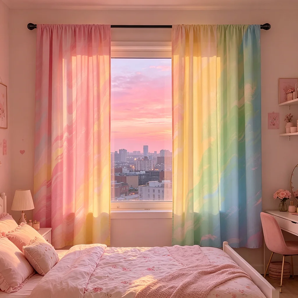 2PCS Curtains, Multi-color Pastel Gradient, Abstract Watercolor Marble Pattern, for Bedroom, Living Room, Rod Pocket Style
