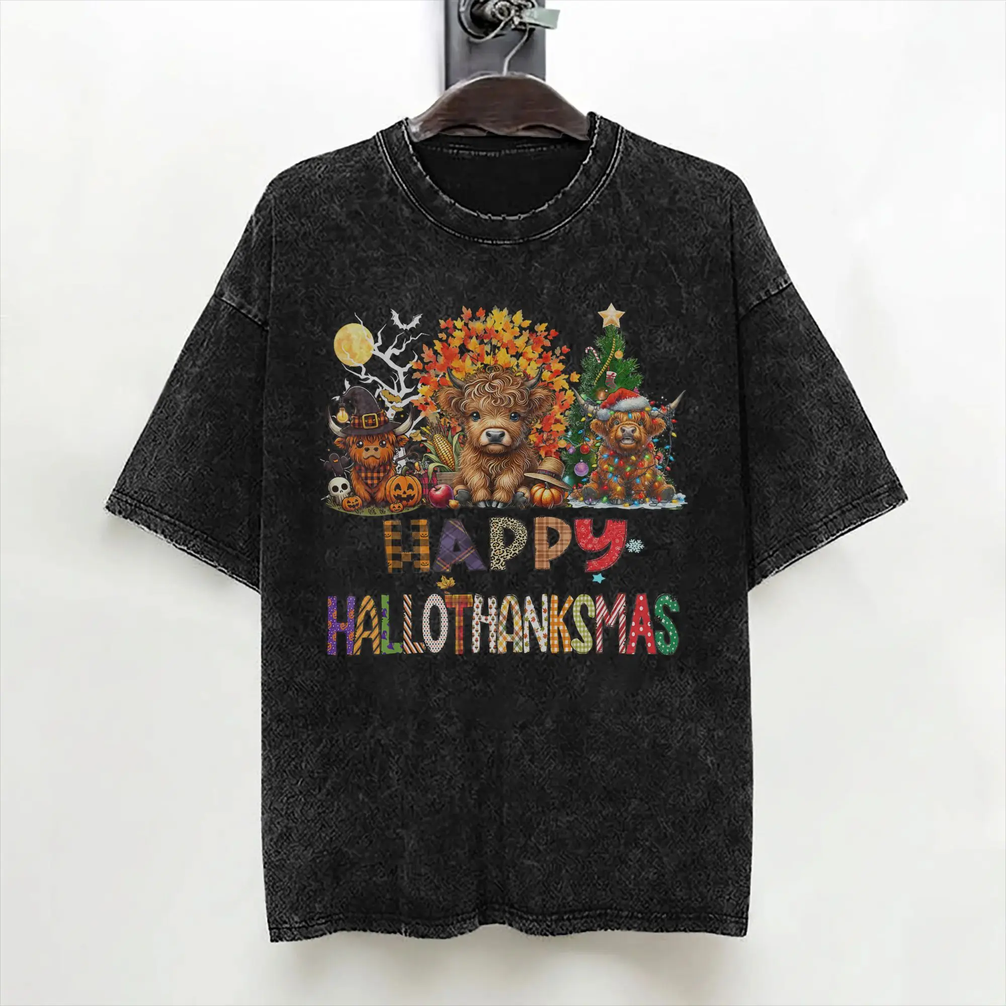 Halloween Thanksgiving Christmas Highland Cow Holiday T Shirts Washed Short Sleeve T-Shirt for Men Women Streetwear Tee Shirt