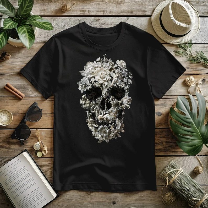 Floral Skull Graphic T Shirt Flower Skeleton Print Gothic Dark Aesthetic Vintage Botanical Streetwear Cotton Short Sleeve Tops