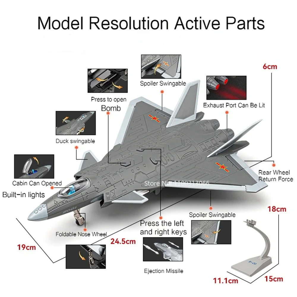 1/84 J-20 Stealth Fighter Metal Models Toy Missile Compartment Opened Military Aircraft Model Light Music Toys Boy Festival Gift