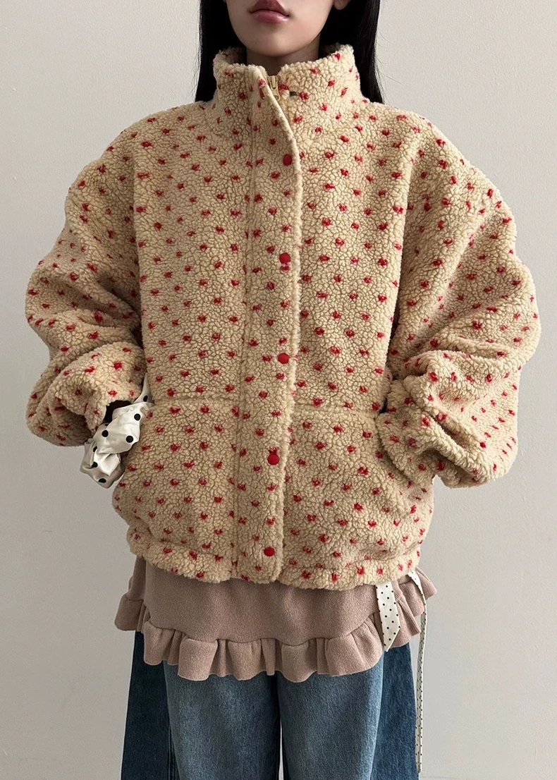 

4Colors Autumn Winter Love Cute Woolen Jacket Women's Casual Loose Lamb Fur Korean Style Stand Collar Zipper Warm Coat Female