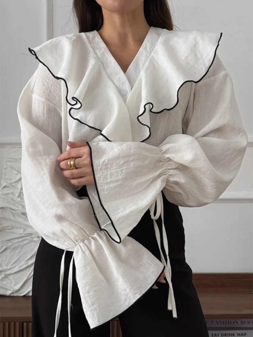 Parc Fee mode ample blanc bureau femmes chemise 2025 décontracté col en v à manches longues chemise élégante volants haut rigide femme vêtements
