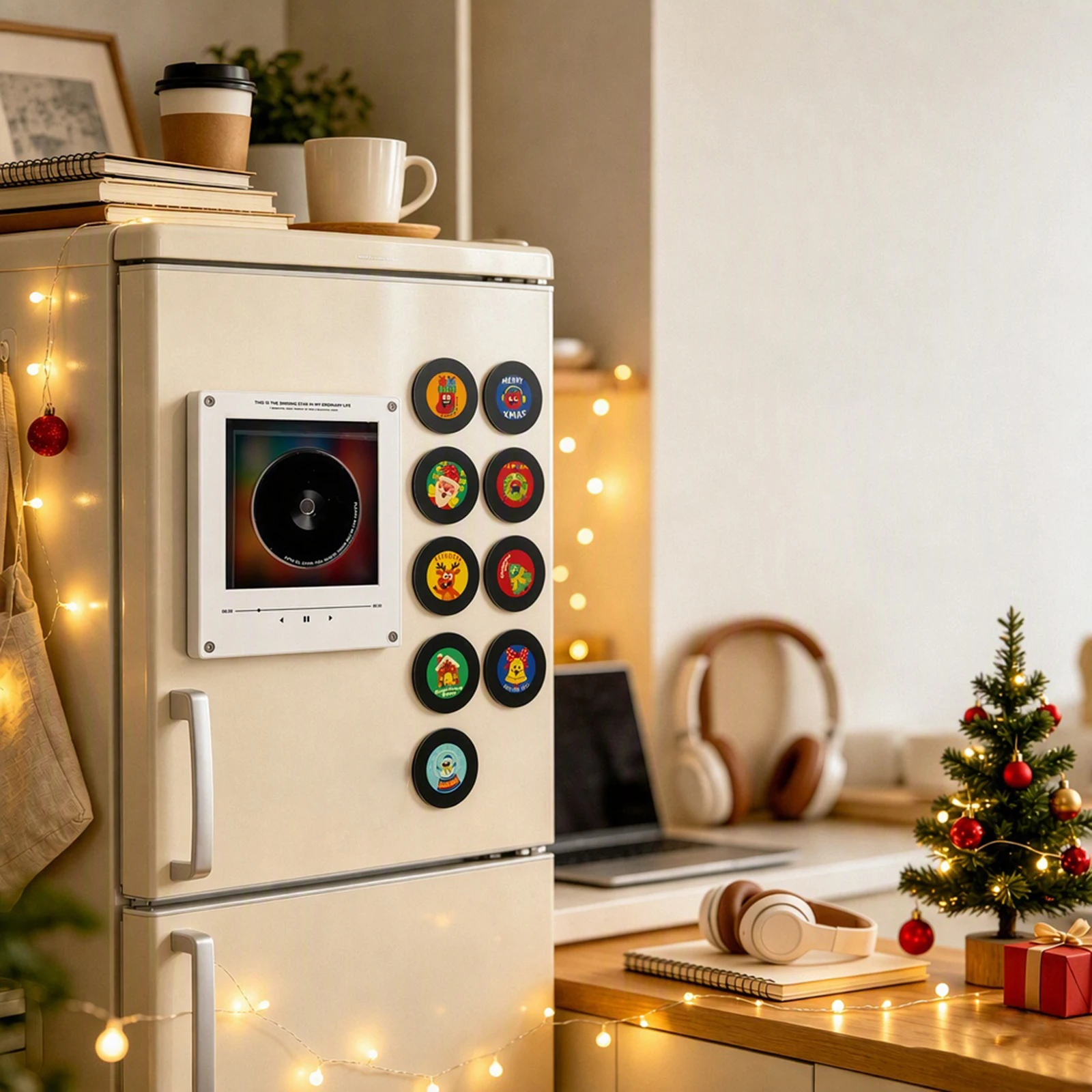 Magnetic Mini Vinyl Record Player Fridge Magnet with 9 Programmable Dics LED Night Light Acrylic Frame NFC Music Box Magnets