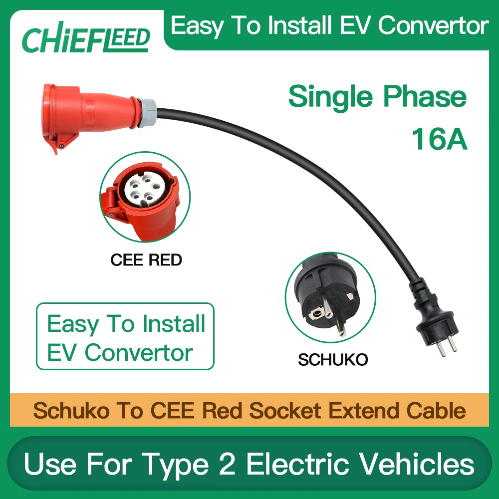 

Chiefleed EV Charger Power Adaptor 16A 3phase 11kw CEE Red to 16A 1P Schuko With Cable For Type2 Cars Charging Connect 220V