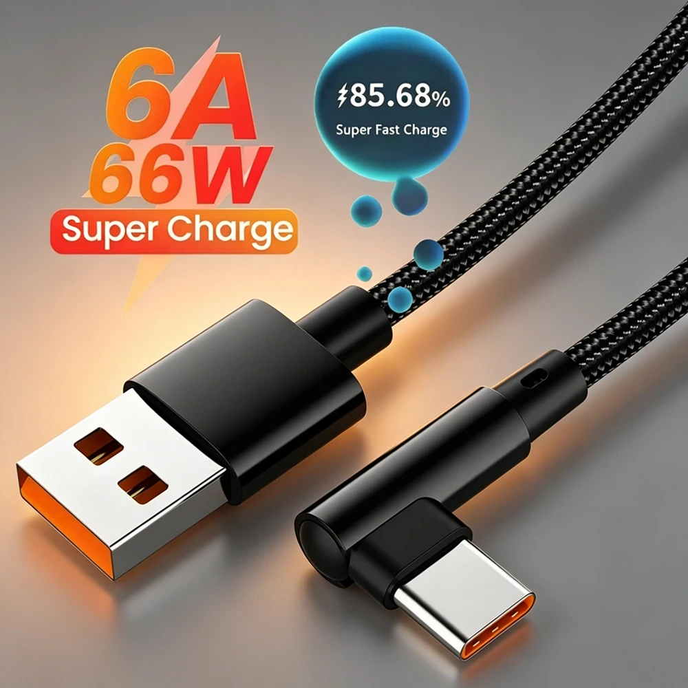 6A 66W Typ-C-Kabel, 90-Grad-Winkel, schnelles Ladekabel, Datenkabel für Huawei Mate 40 50 Samsung Xiaomi USB-C, schnelles Ladekabel