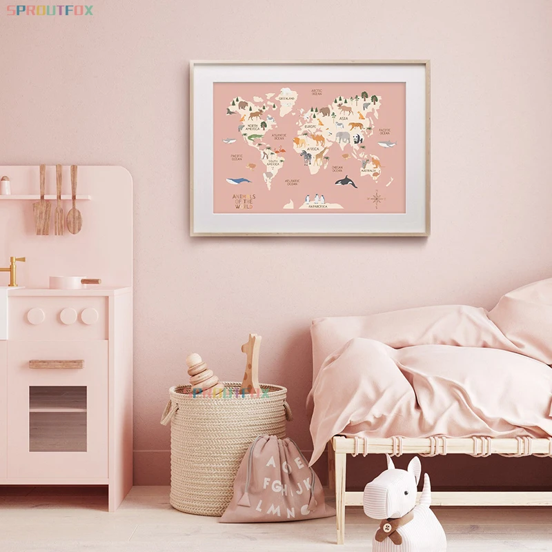 Mapa del mundo, pintura en lienzo, tema de animales Pastel, arte educativo de pared, carteles nórdicos e impresiones de imágenes para decoración de